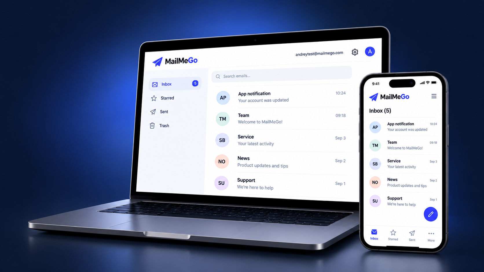 MailMeGo inbox shown on laptop and smartphone
